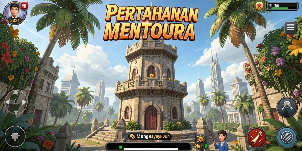 Tampilan gameplay 333I menunjukkan menara melawan gelombang musuh.