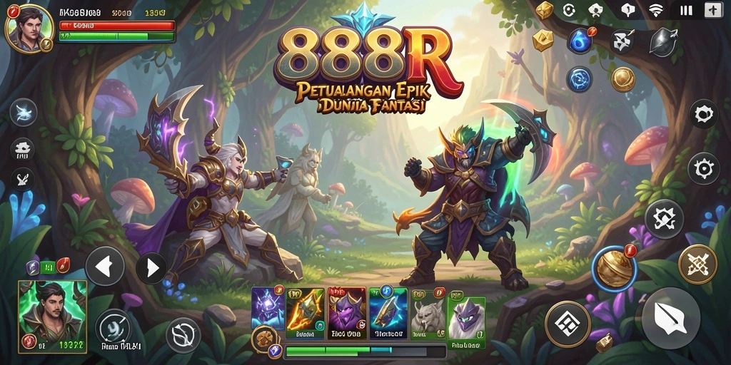 Gameplay seru 888R dengan karakter bertarung di dunia fantasi.