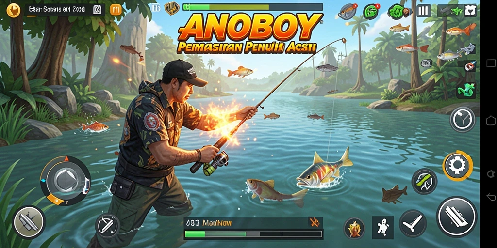 Screenshot utama ANOBOY dengan tampilan gameplay memancing yang menarik.