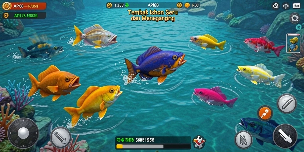 Screenshot gameplay menunjukkan aksi menembak ikan yang seru.