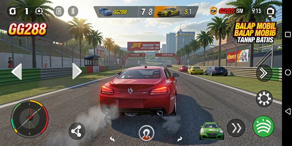 Tampilan gameplay GG288 dengan mobil balap yang cepat dan lintasan yang menantang.