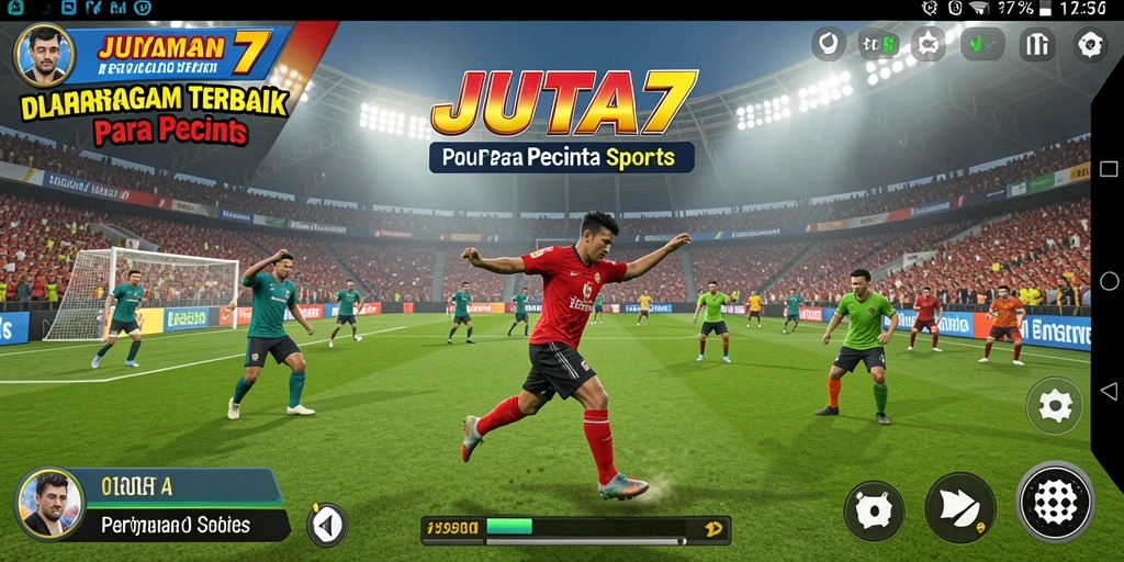 Screenshot utama JUTA7 menampilkan aksi seru dalam pertandingan olahraga.
