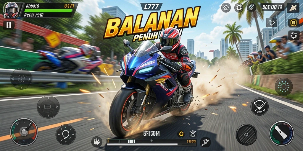 Screenshot gameplay L777 yang menampilkan aksi balapan motor yang mendebarkan.