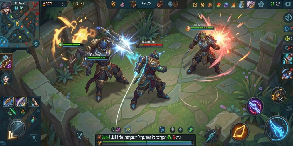 Tangkapan layar gameplay seru dari MPO76 yang menunjukkan pertarungan MOBA.