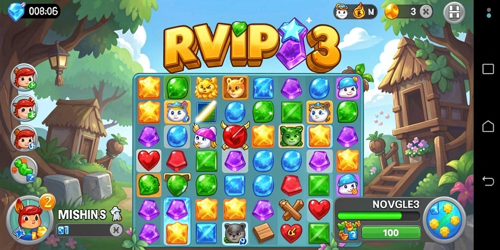 Screenshot menunjukkan aksi seru gameplay Match-3 di RVIP3.