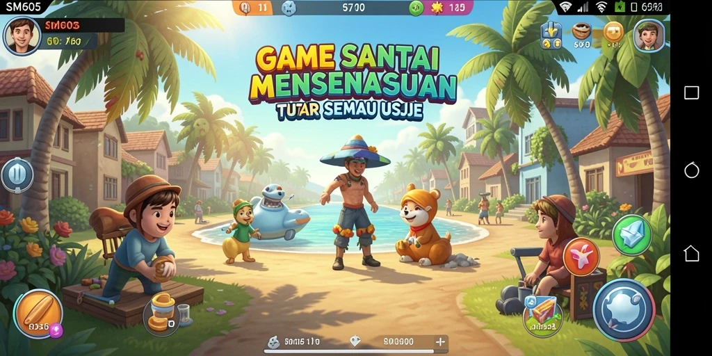 Tampilan gameplay SM605 yang ceria dan penuh warna.