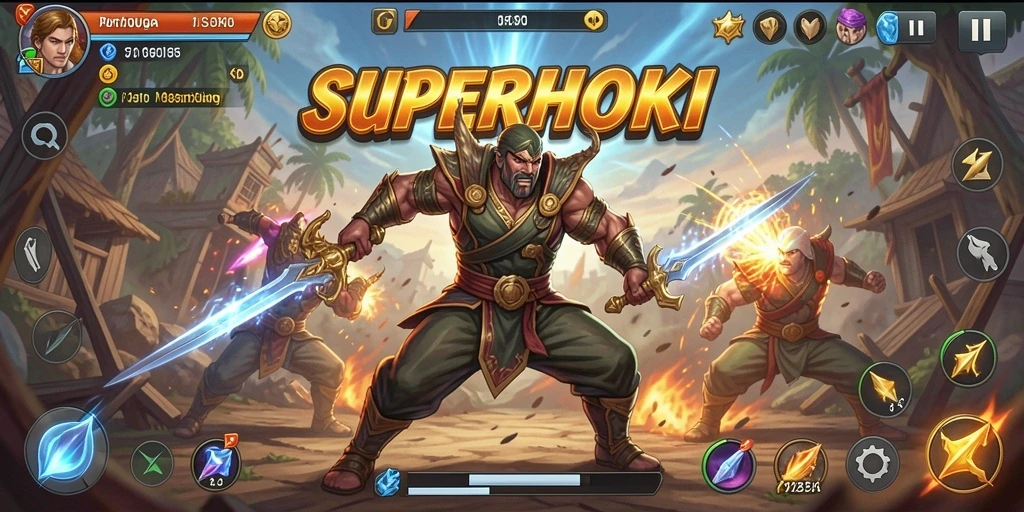 Screenshot gameplay SUPERHOKI menampilkan pertarungan intens antara karakter di arena.